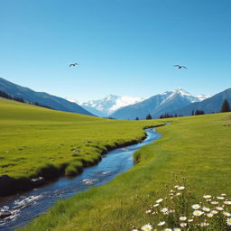 A serene landscape featuring a clear blue sky, a lush green meadow, and a gentle stream flowing through the middle