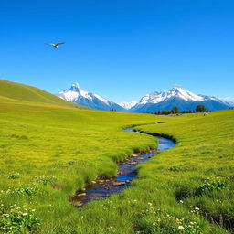 A serene landscape featuring a clear blue sky, a lush green meadow, and a gentle stream flowing through the middle