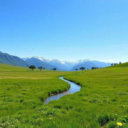 A serene landscape featuring a clear blue sky, a lush green meadow, and a gentle stream flowing through the middle