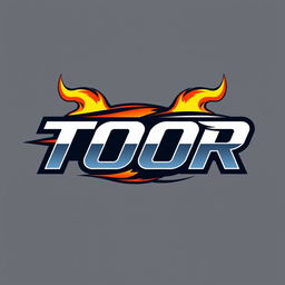 A dynamic logo design featuring the word 'TOOR' with elements of speed and fire