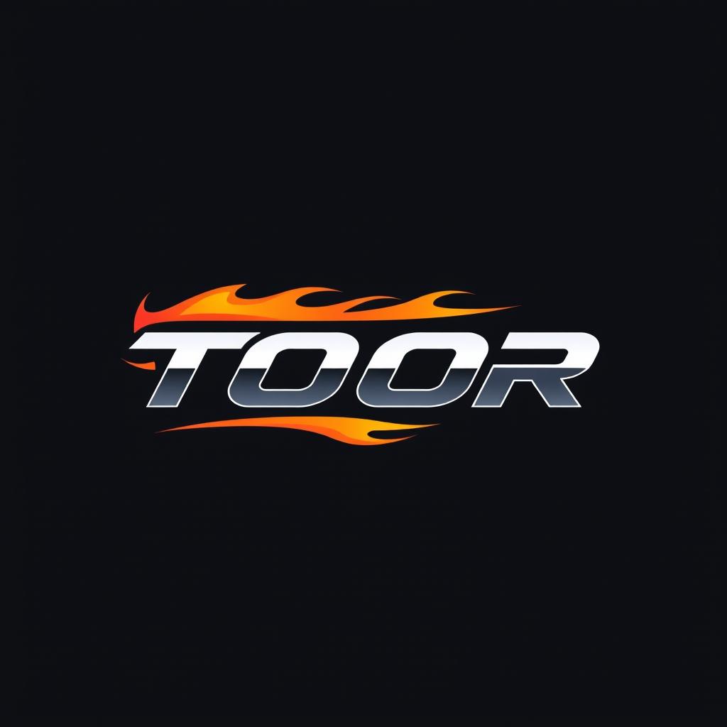 A dynamic logo design featuring the word 'TOOR' with elements of speed and fire