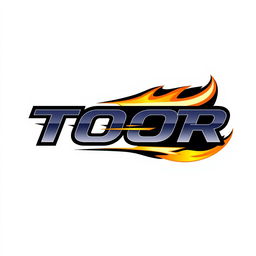 A dynamic logo design featuring the word 'TOOR' with elements of speed and fire