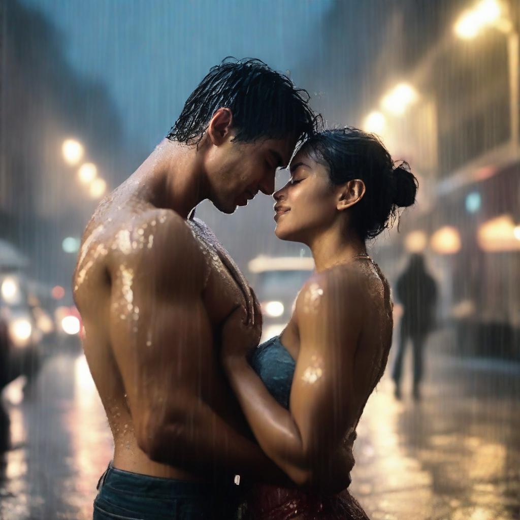 A romantic scene of a handsome and muscular young man kissing a shorter girl under the heavy rain on a cloudy night