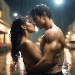 A romantic scene of a handsome and muscular young man kissing a shorter girl under the heavy rain on a cloudy night