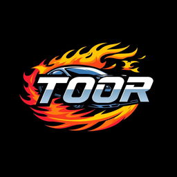 Create a dynamic logo for TOOR featuring elements of a car, speed, and fire