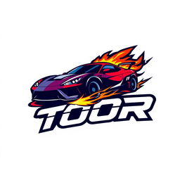 Create a dynamic logo for TOOR featuring elements of a car, speed, and fire