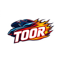 Create a dynamic logo for TOOR featuring elements of a car, speed, and fire