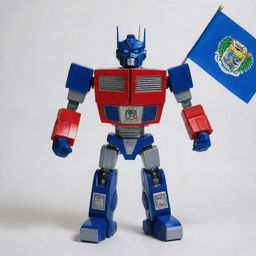 A Transformer robot holding the Belize flag, featuring a blue field with two red stripes and Belize's coat of arms on a white disc