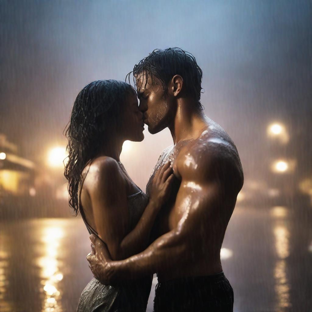 A romantic scene of a handsome and muscular young man kissing a shorter woman under heavy rain on a cloudy night