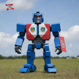 A Transformer robot holding the Belize flag, featuring a blue field with two red stripes and Belize's coat of arms on a white disc