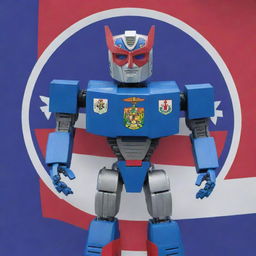 A Transformer robot holding the Belize flag, featuring a blue field with two red stripes and Belize's coat of arms on a white disc