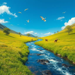 A serene landscape with a clear blue sky, lush green meadows, and a sparkling river flowing through