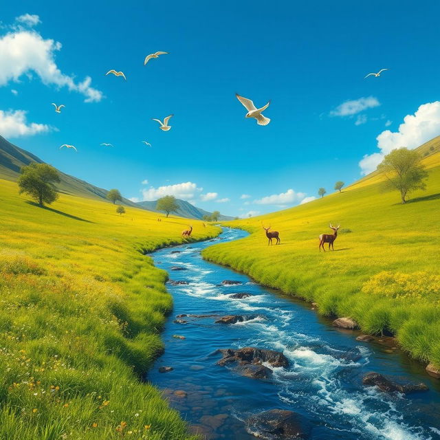 A serene landscape with a clear blue sky, lush green meadows, and a sparkling river flowing through