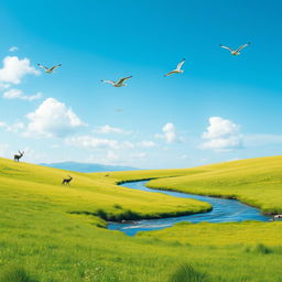 A serene landscape with a clear blue sky, lush green meadows, and a sparkling river flowing through