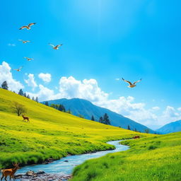 A serene landscape with a clear blue sky, lush green meadows, and a sparkling river flowing through