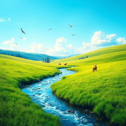 A serene landscape with a clear blue sky, lush green meadows, and a sparkling river flowing through