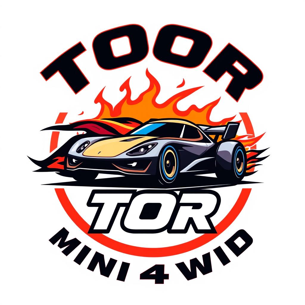 A dynamic logo for TOOR featuring elements of mini4wd racing, speed, and fire