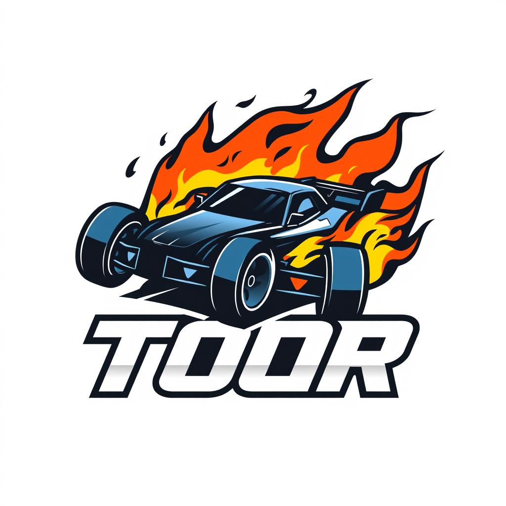 A dynamic logo for TOOR featuring elements of mini4wd racing, speed, and fire