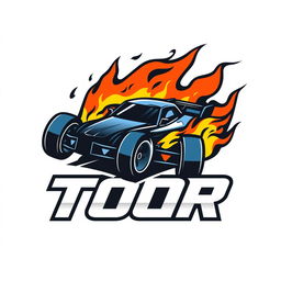 A dynamic logo for TOOR featuring elements of mini4wd racing, speed, and fire