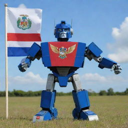 A Transformer robot holding the Belize flag, featuring a blue field with two red stripes and Belize's coat of arms on a white disc