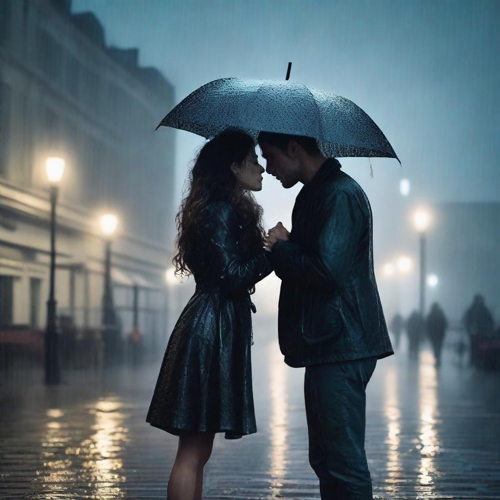 A romantic yet melancholic scene of a handsome young man kissing a shorter woman under heavy rain on a cloudy, sad night