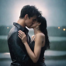 A romantic yet melancholic scene of a handsome young man kissing a shorter woman under heavy rain on a cloudy, sad night