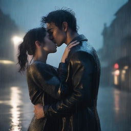 A romantic yet melancholic scene of a handsome young man kissing a shorter woman under heavy rain on a cloudy, sad night