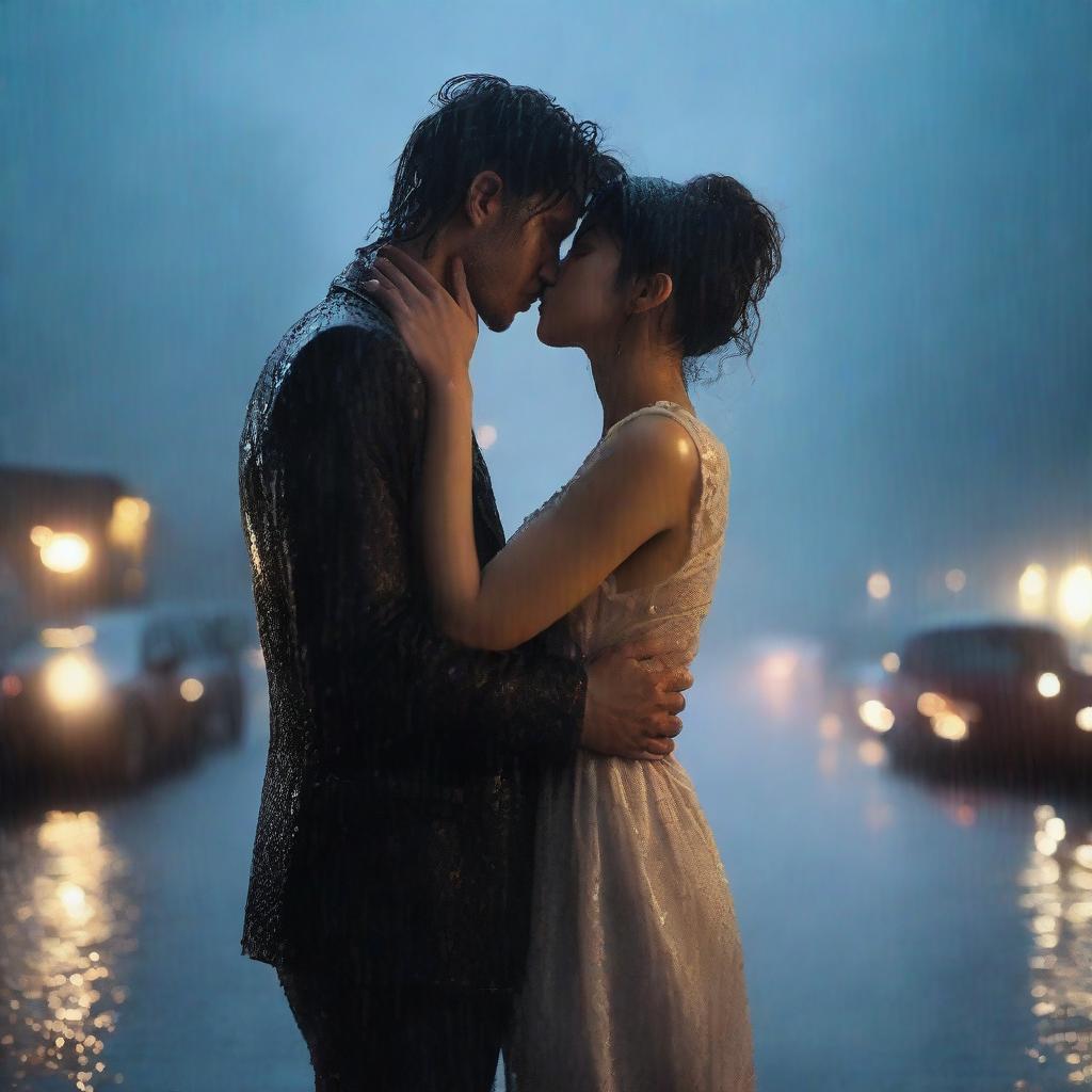 A romantic yet melancholic scene of a handsome young man kissing a shorter woman under heavy rain on a cloudy, sad night