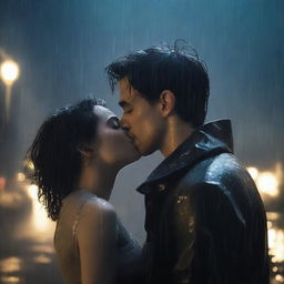 A melancholic scene of a handsome young man kissing a shorter woman under heavy rain on a cloudy night