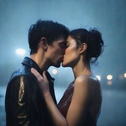 A melancholic scene of a handsome young man kissing a shorter woman under heavy rain on a cloudy night