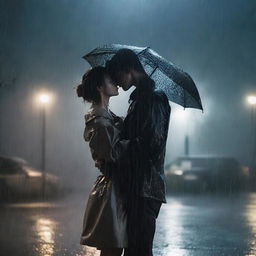 A melancholic scene of a handsome young man kissing a shorter woman under heavy rain on a cloudy night