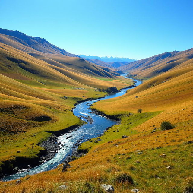 Create an image of a serene landscape with rolling hills, a clear blue sky, and a small river flowing through the valley