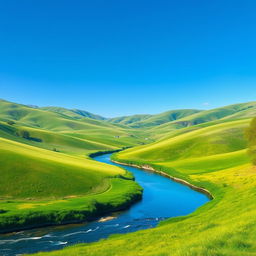 Create an image of a serene landscape with rolling hills, a clear blue sky, and a small river flowing through the valley