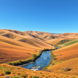 Create an image of a serene landscape with rolling hills, a clear blue sky, and a small river flowing through the valley