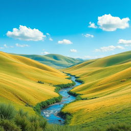 Create an image of a serene landscape with rolling hills, a clear blue sky, and a small river flowing through the valley