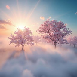 Generate a surreal photo of a world where the sunrays look like rose petals and the trees resemble cotton, flowing away with the breeze