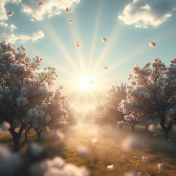 Generate a surreal photo of a world where the sunrays look like rose petals and the trees resemble cotton, flowing away with the breeze