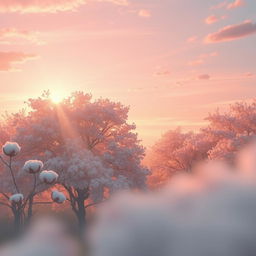 Generate a surreal photo of a world where the sunrays look like rose petals and the trees resemble cotton, flowing away with the breeze