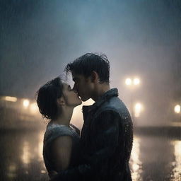 A poignant scene of a handsome young man giving a final kiss to a shorter woman under heavy rain on a cloudy night