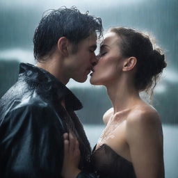 A poignant scene of a handsome young man giving a final kiss to a shorter woman under heavy rain on a cloudy night