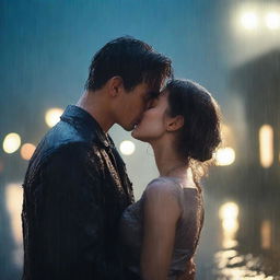 A poignant scene of a handsome young man giving a final kiss to a shorter woman under heavy rain on a cloudy night