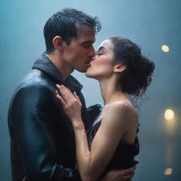 A poignant scene of a handsome young man giving a final kiss to a shorter woman under heavy rain on a cloudy night