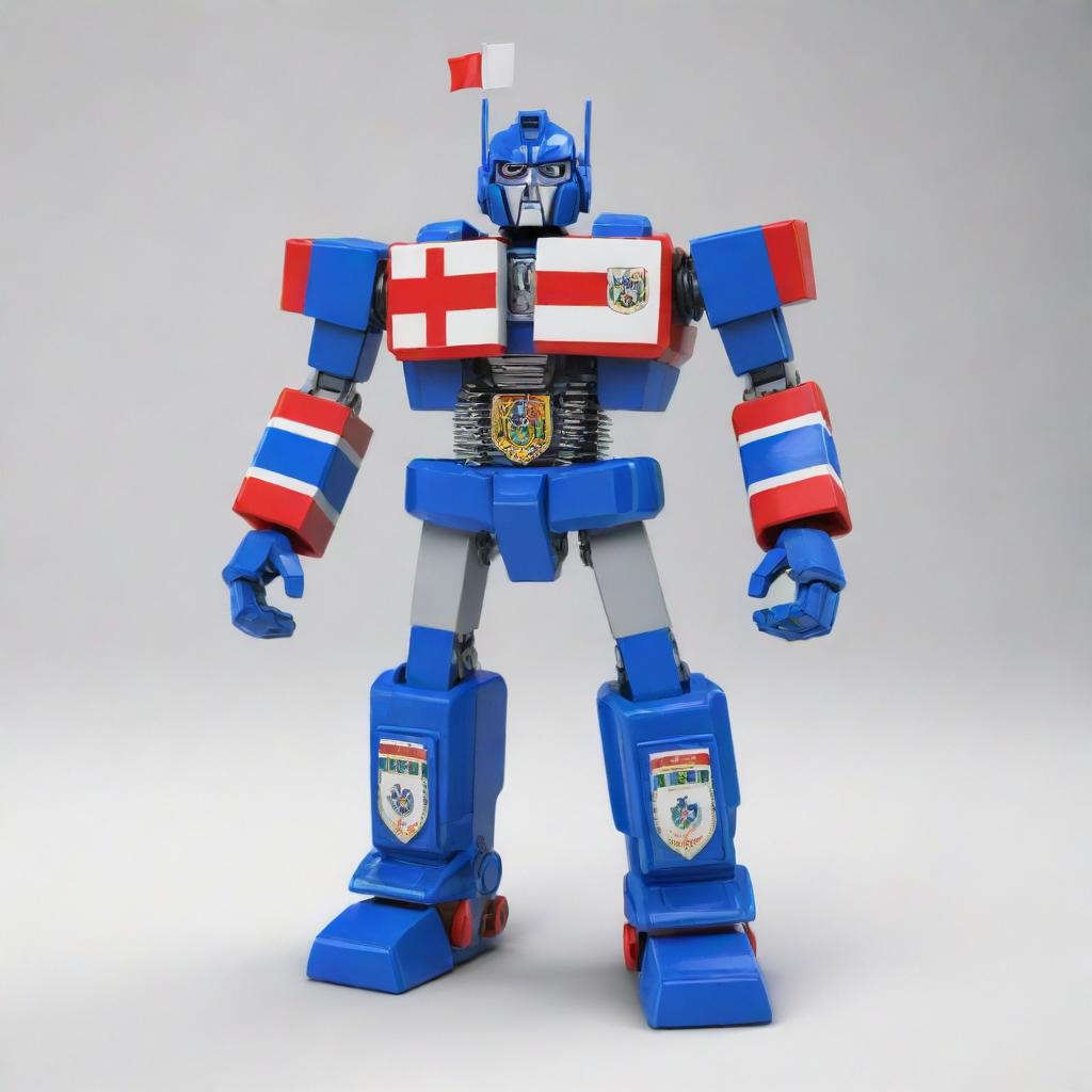 A 3D model of a Transformer robot proudly holding the Belize flag, defined by a blue field with two red stripes and Belize's coat of arms on a white disc.