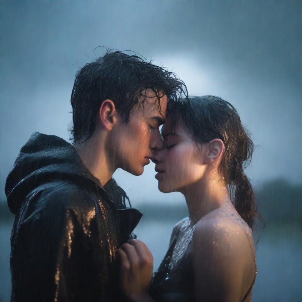 A poignant scene of a handsome young man giving a final kiss to a shorter girl under heavy rain on a cloudy night