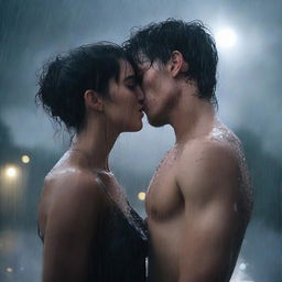 A poignant scene of a handsome young man giving a final kiss to a shorter girl under heavy rain on a cloudy night