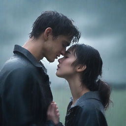 A poignant scene of a handsome young man giving a final kiss to a shorter girl under heavy rain on a cloudy night