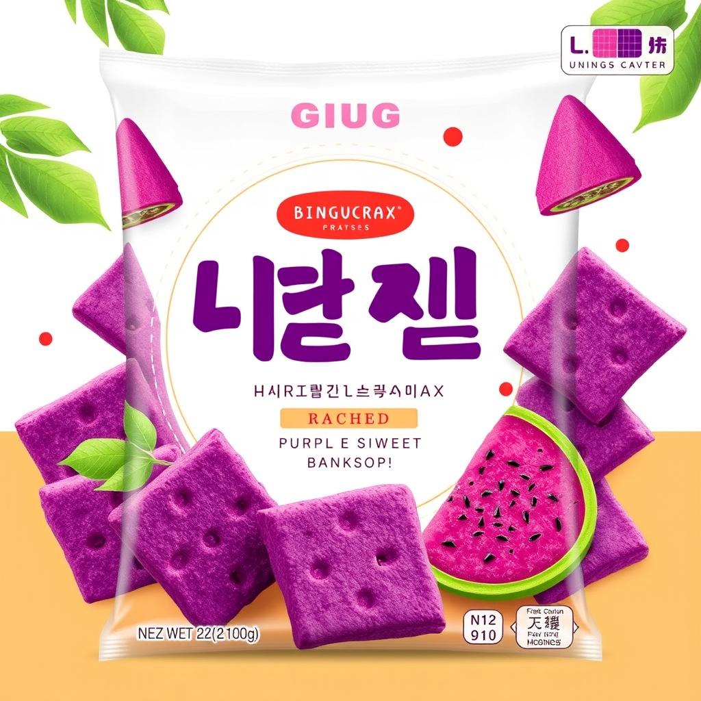 A product cover showcasing purple sweet potato crackers with an innovative soursop fruit flavor