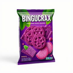 A product cover showcasing purple sweet potato crackers with an innovative soursop fruit flavor