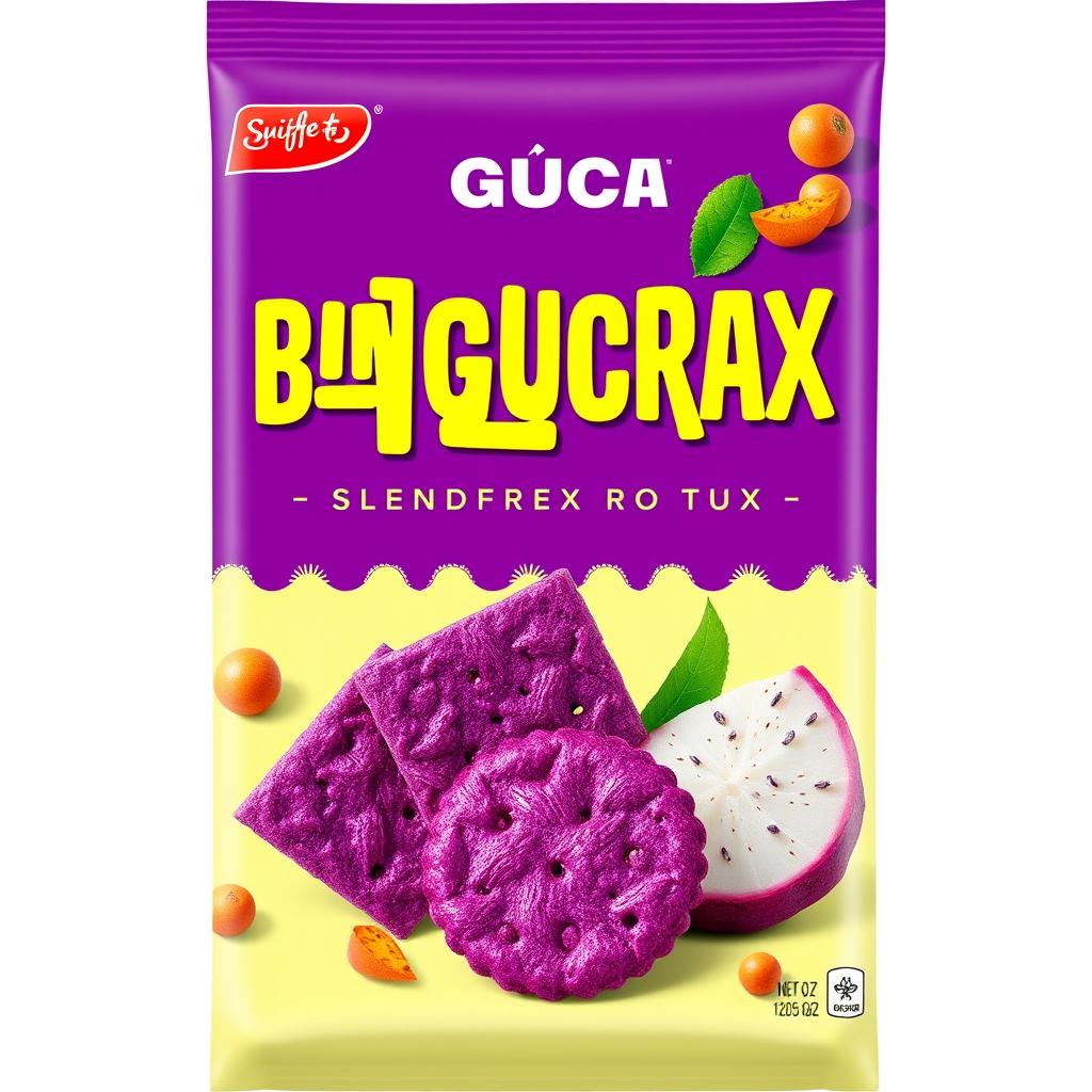 A product cover showcasing purple sweet potato crackers with an innovative soursop fruit flavor