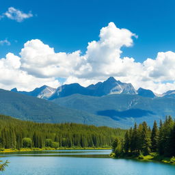 A beautiful landscape featuring a serene lake surrounded by lush green forests and majestic mountains in the background, with a clear blue sky and fluffy white clouds